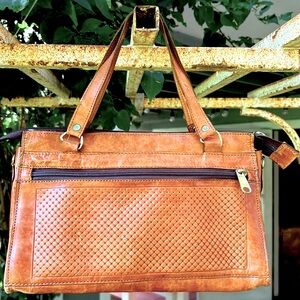 Vintage distressed woven pecan leather handbag